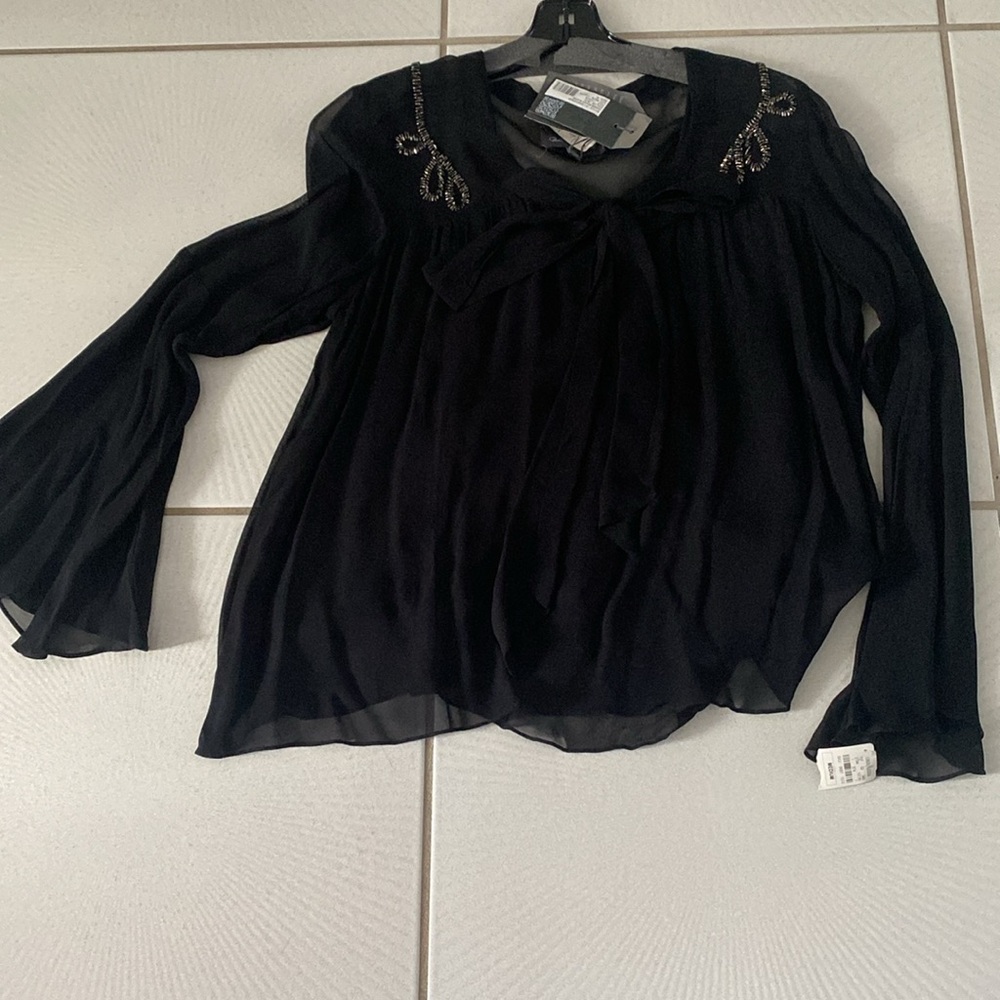 NWT PJK Corein beaded bow black sheer Elegant Black Women's Top Neimans size M